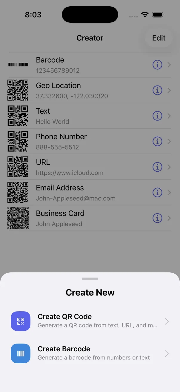 Biblioteca del creador con códigos QR y de barras guardados