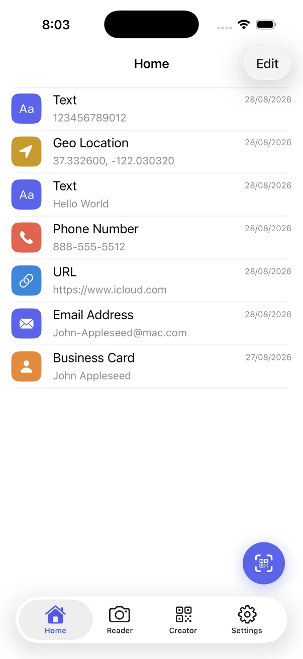 Pantalla de inicio de Lector y Generador de Códigos QR mostrando el historial de escaneos en iPhone